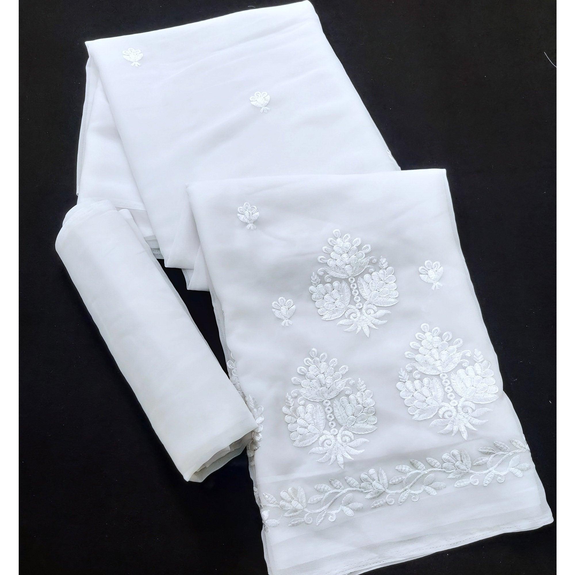 White Festive Wear Floral Embroidered Georgette Saree - Peachmode