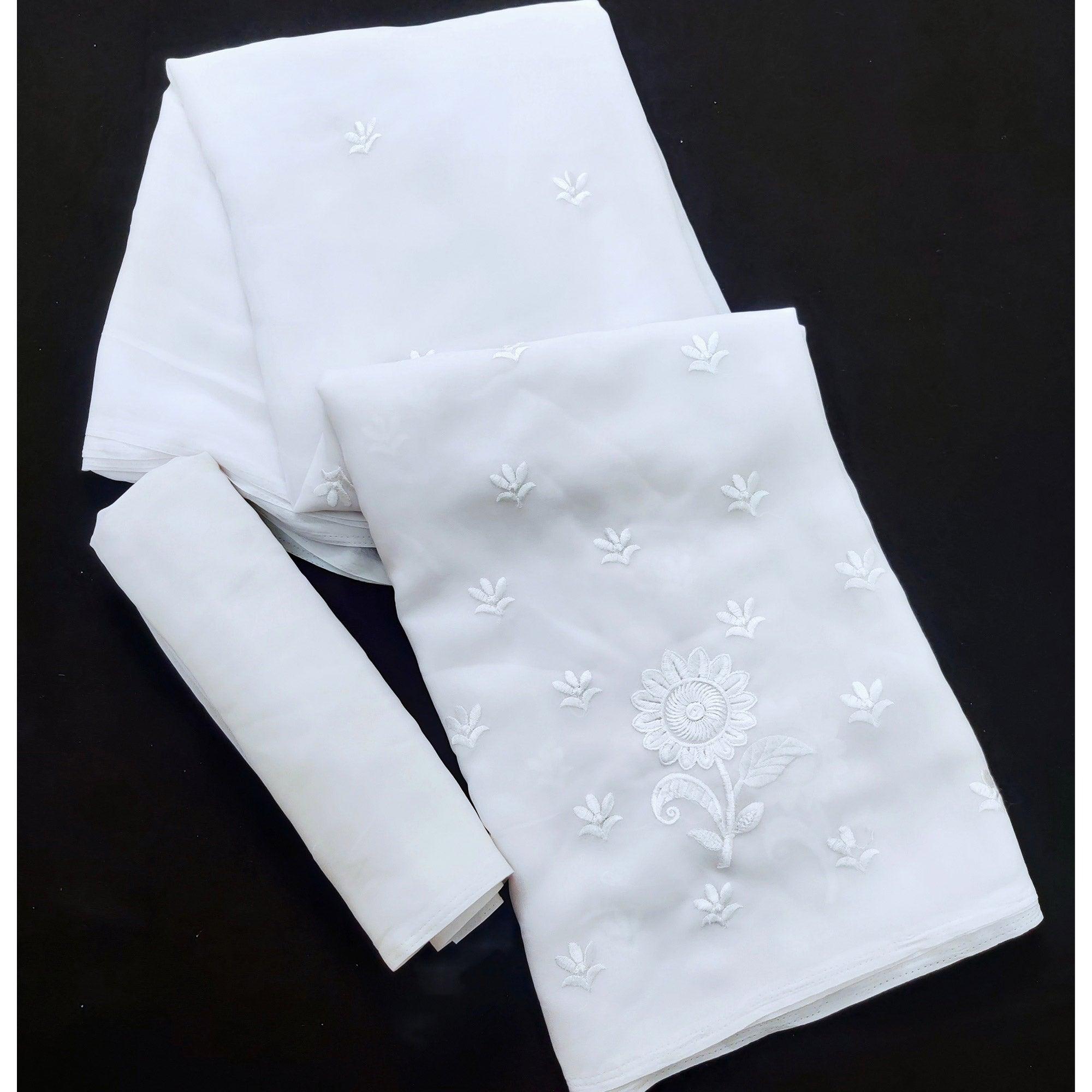 White Festive Wear Floral Embroidered Georgette Saree - Peachmode