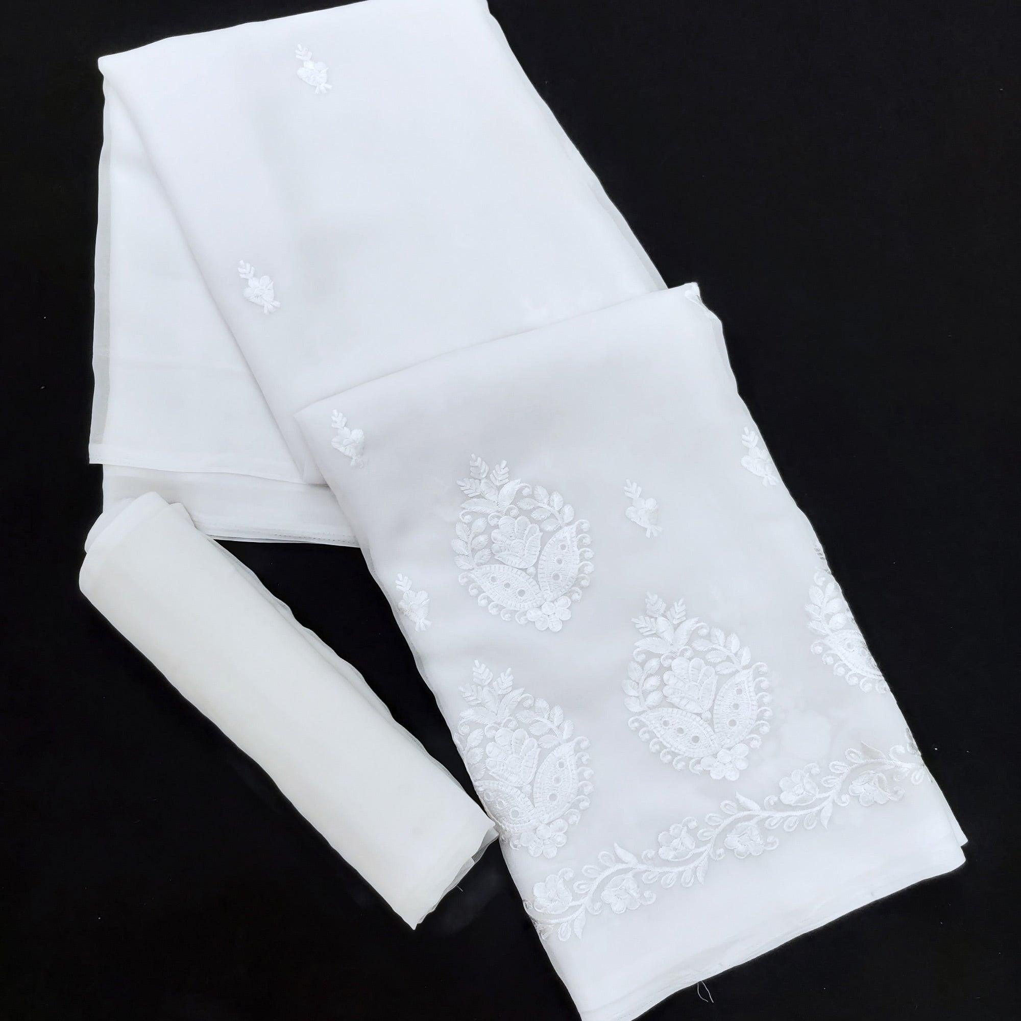 White Festive Wear Floral Embroidered Georgette Saree - Peachmode