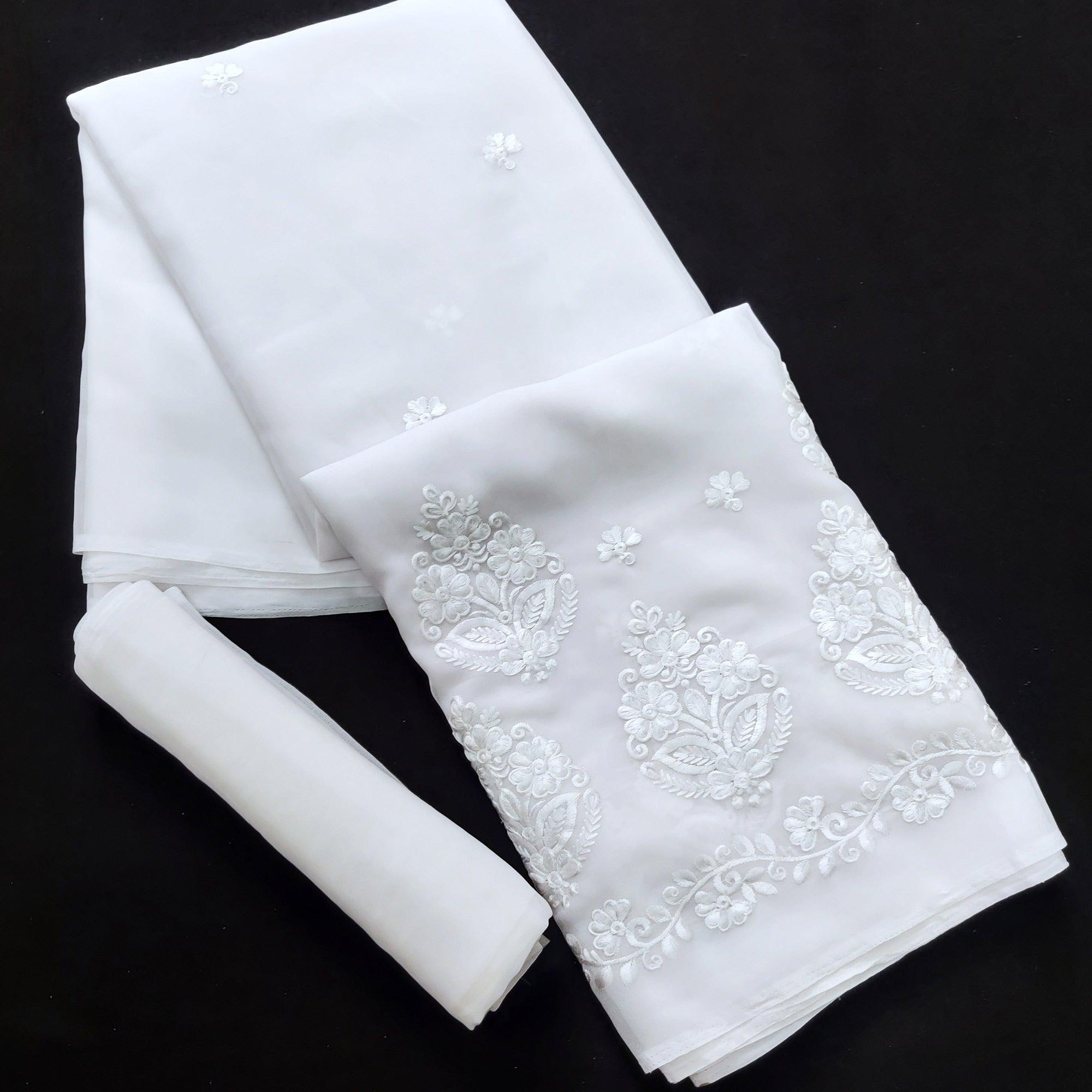 White Festive Wear Floral Embroidered Georgette Saree - Peachmode