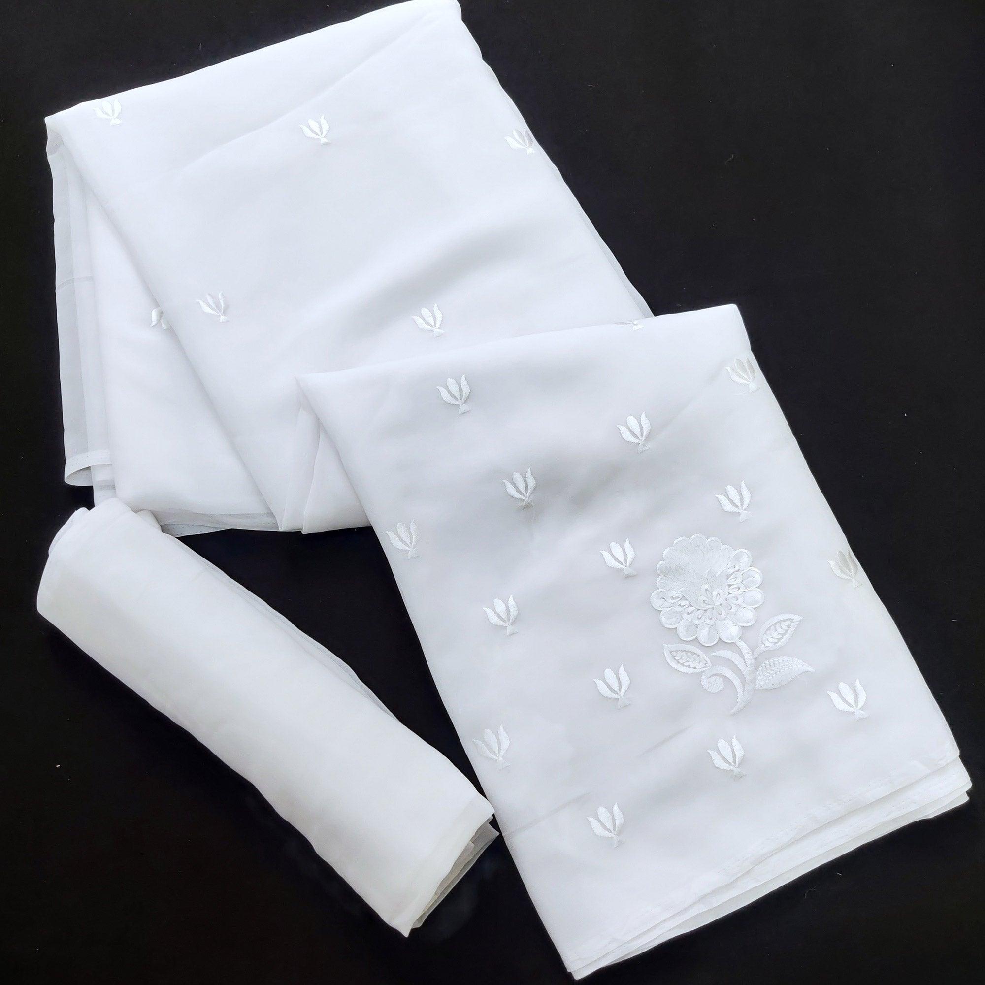 White Festive Wear Floral Embroidered Georgette Saree - Peachmode
