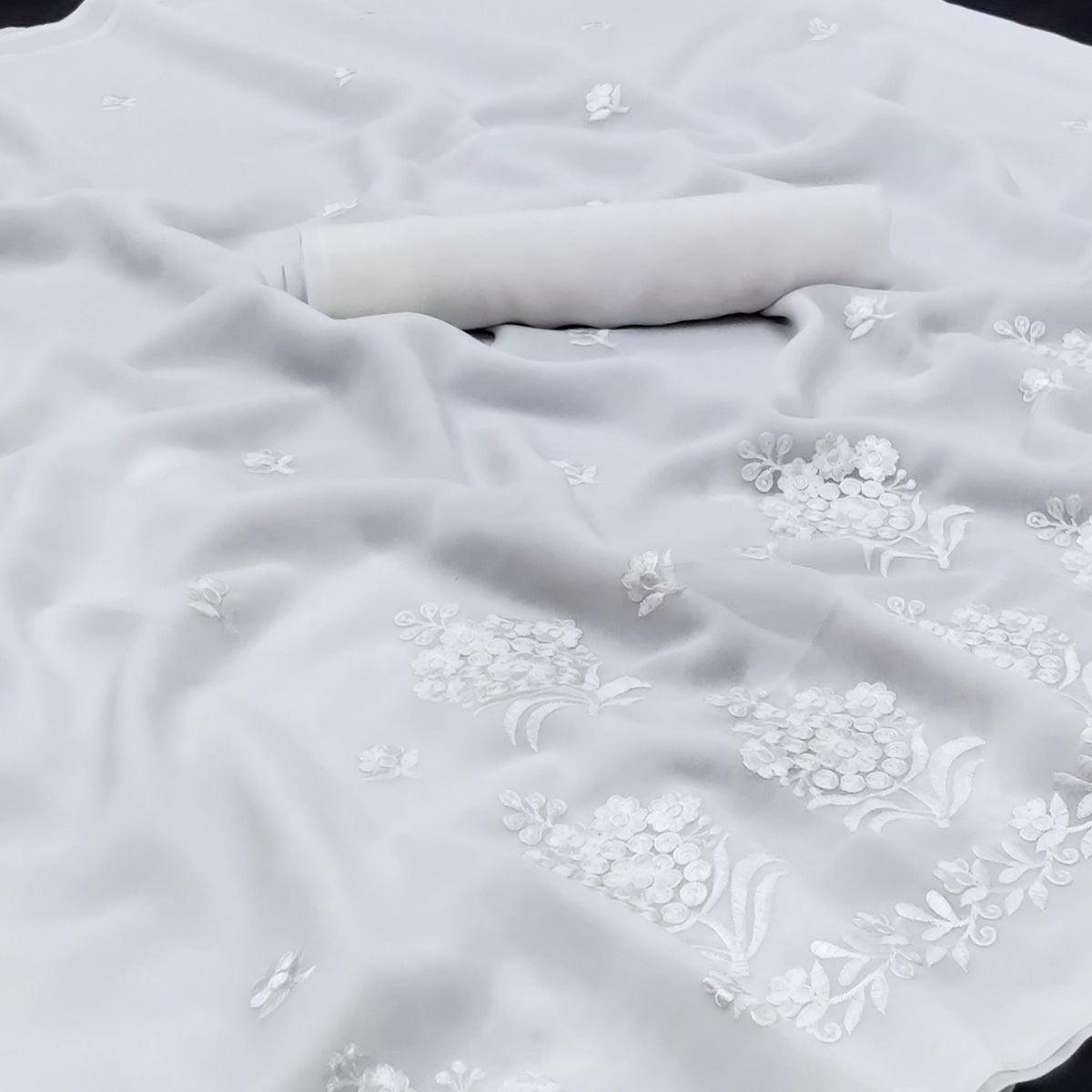 White Festive Wear Floral Embroidered Georgette Saree - Peachmode