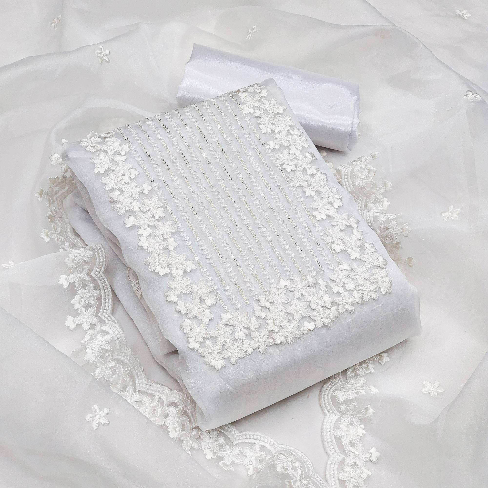 White Festive Wear Floral Embroidered Organza Dress Material - Peachmode