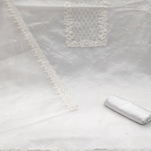 White Festive Wear Floral Embroidered Organza Dress Material - Peachmode