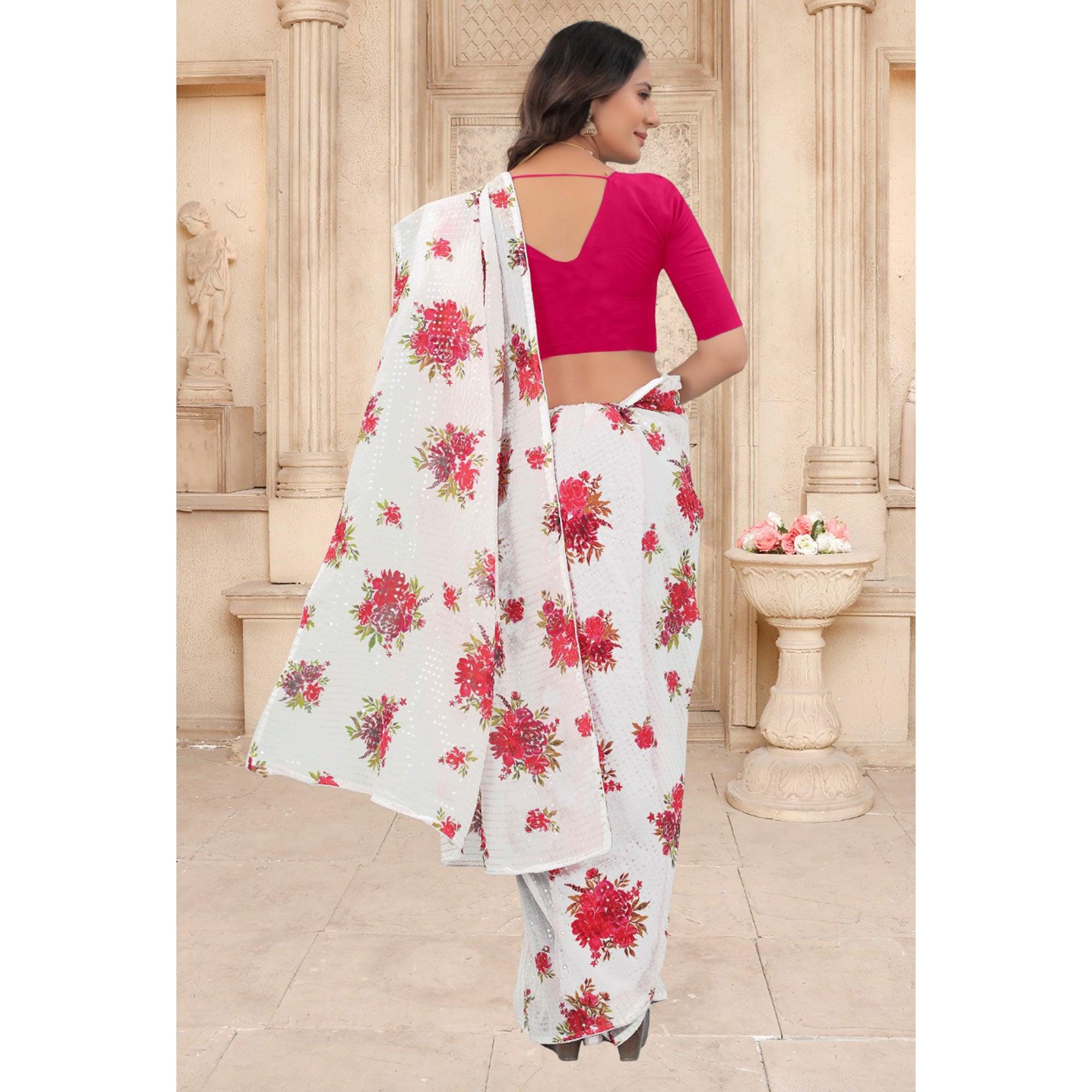 White Festive Wear Floral Printed With Sequence Georgette Saree - Peachmode