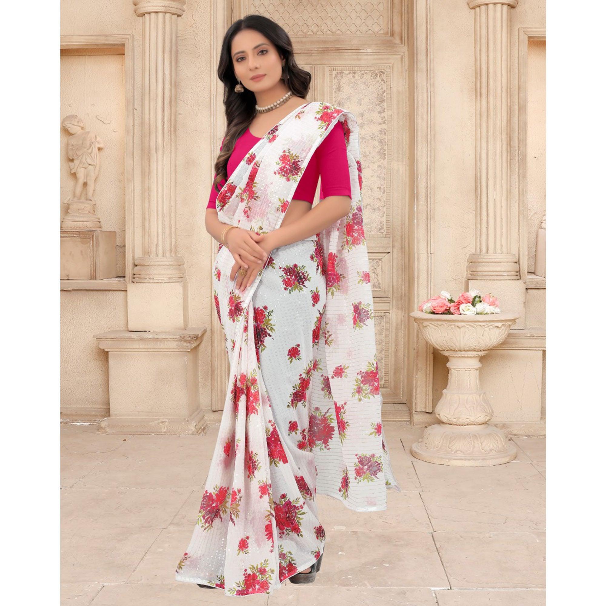 White Festive Wear Floral Printed With Sequence Georgette Saree - Peachmode