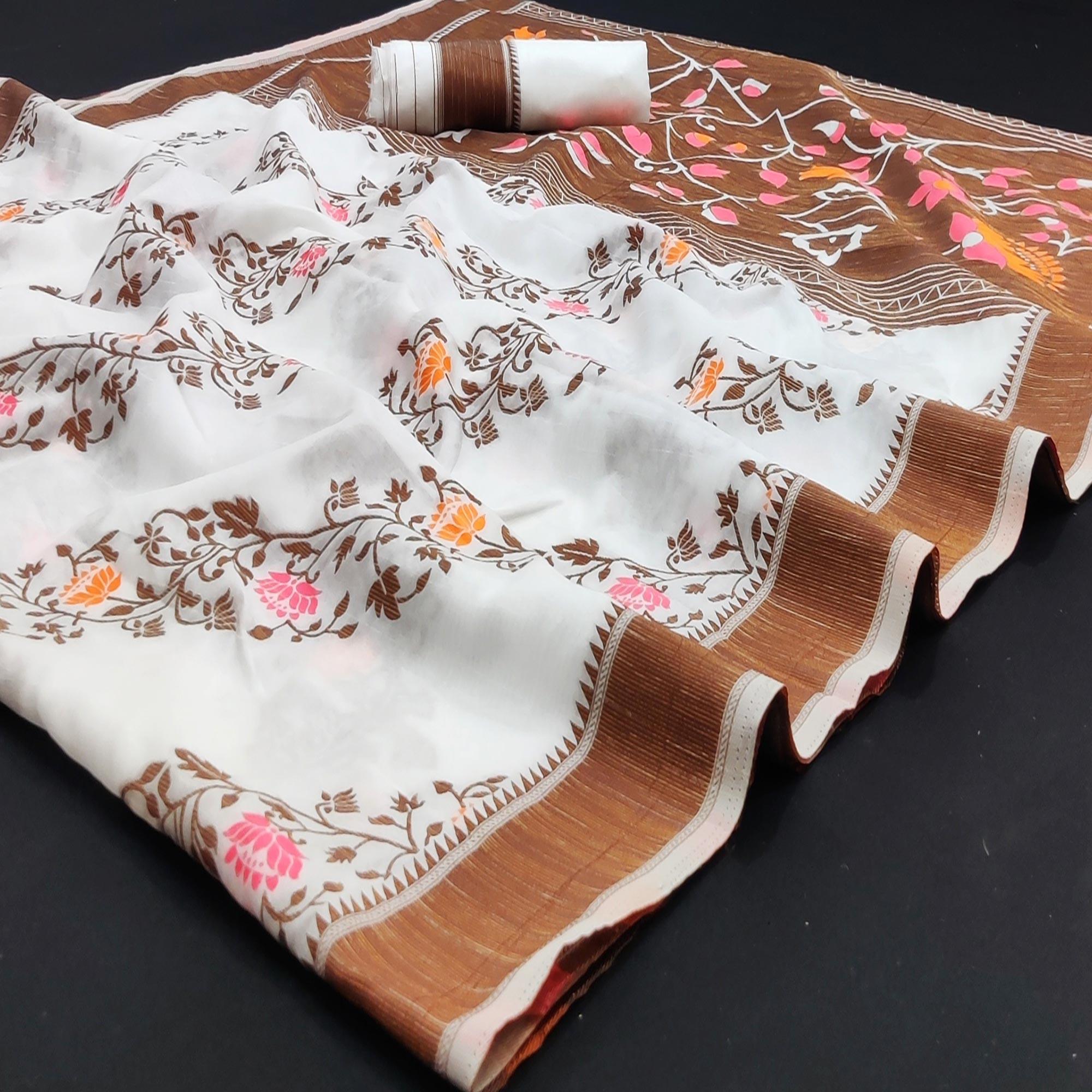 White Festive Wear Floral Thread Woven Pure Dola Silk Saree - Peachmode