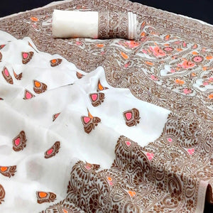 White Festive Wear Floral Thread Woven Pure Dola Silk Saree - Peachmode