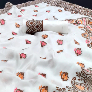 White Festive Wear Floral Thread Woven Pure Dola Silk Saree - Peachmode