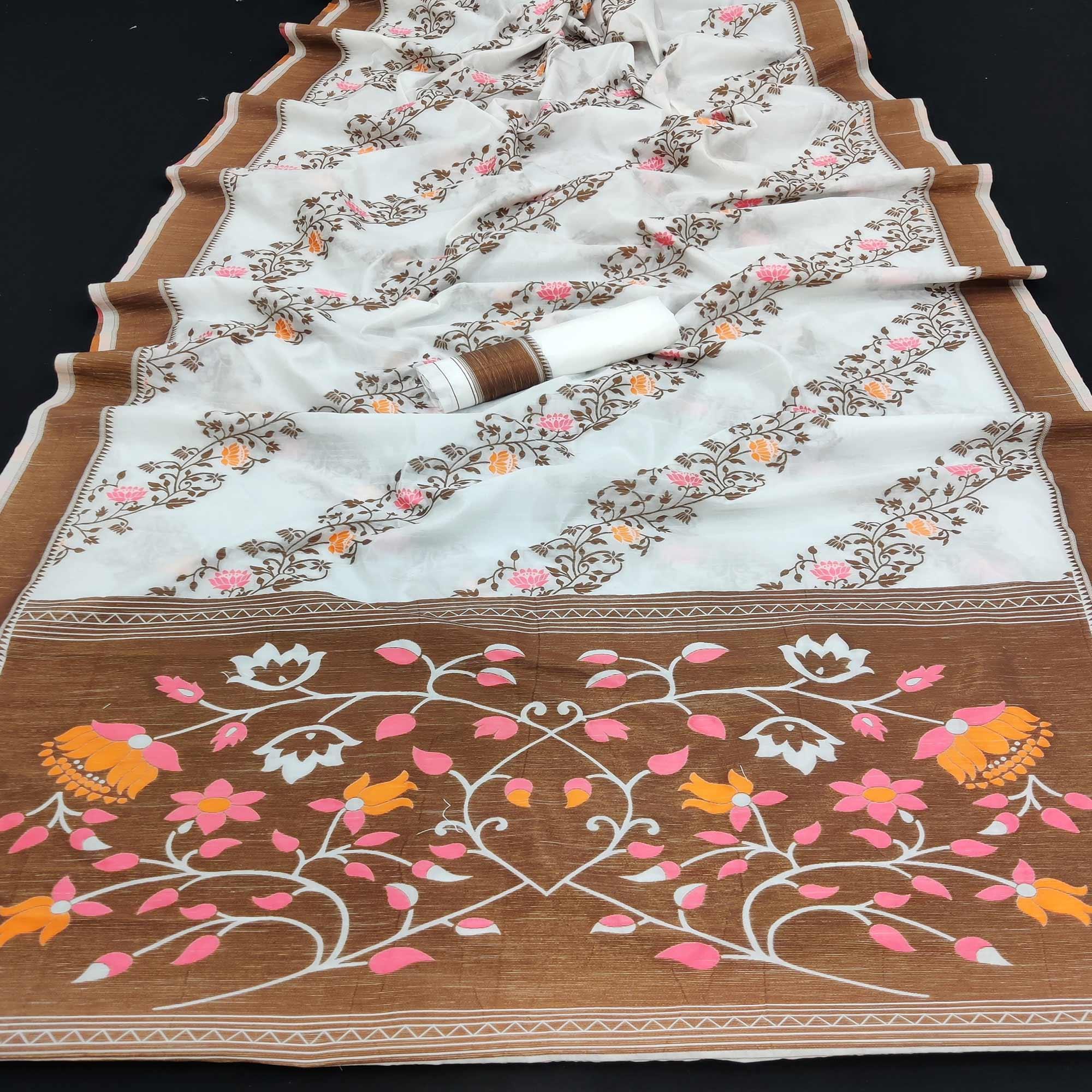 White Festive Wear Floral Thread Woven Pure Dola Silk Saree - Peachmode