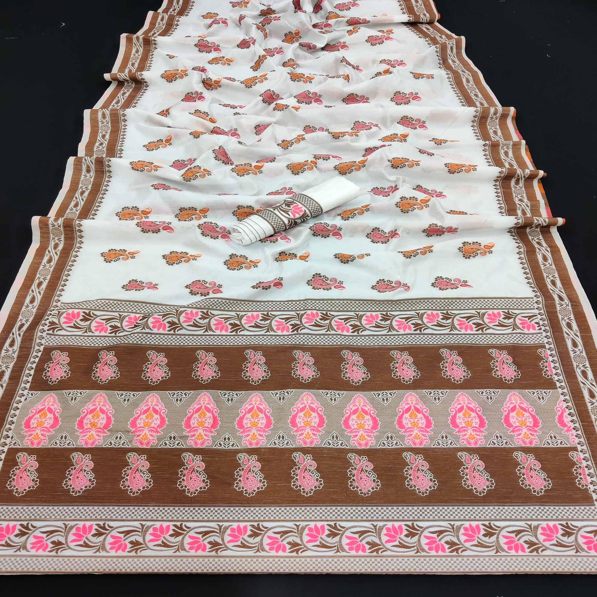 White Festive Wear Floral Thread Woven Pure Dola Silk Saree - Peachmode