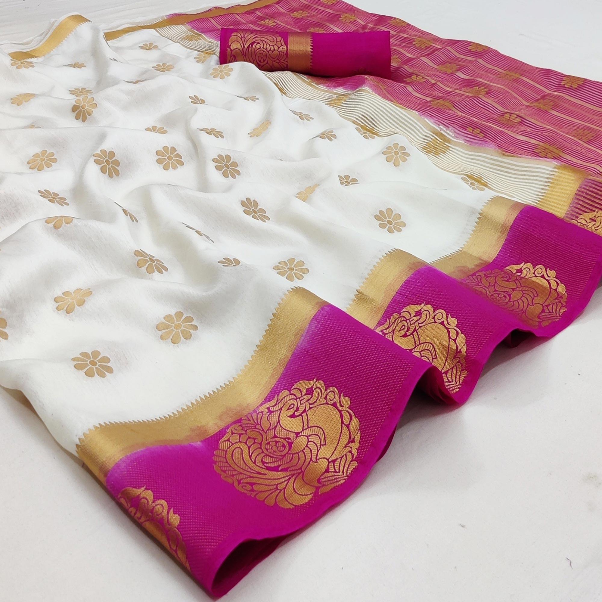 White Festive Wear Jacquard Border Soft Silk Saree - Peachmode