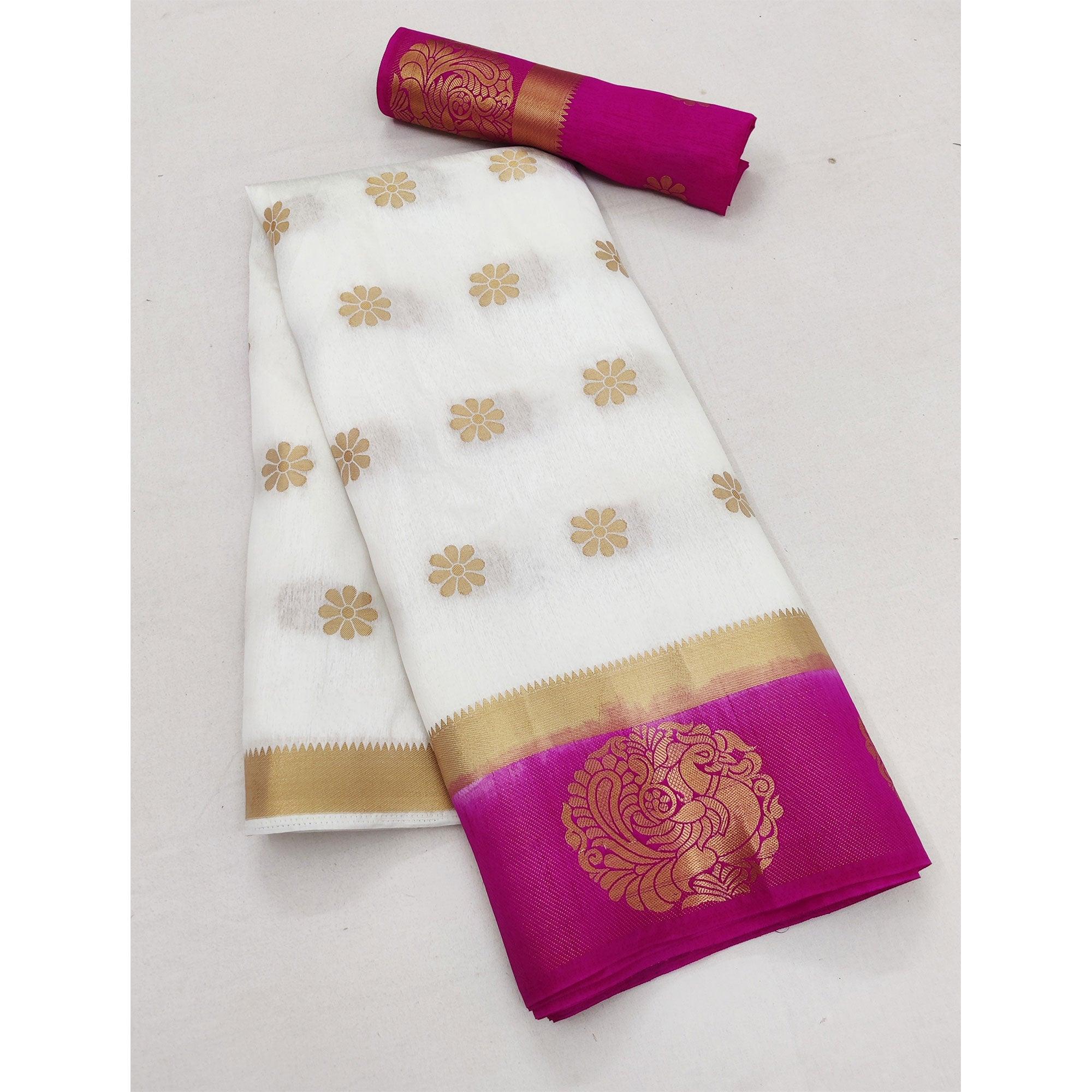 White Festive Wear Jacquard Border Soft Silk Saree - Peachmode