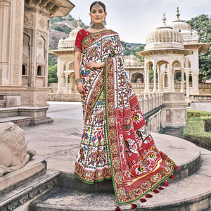 White Festive Wear Plain & Hand Work Pure Silk Saree - Peachmode
