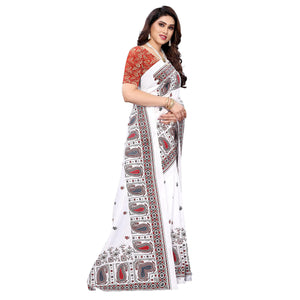 White Festive Wear Printed Cotton Silk Saree - Peachmode