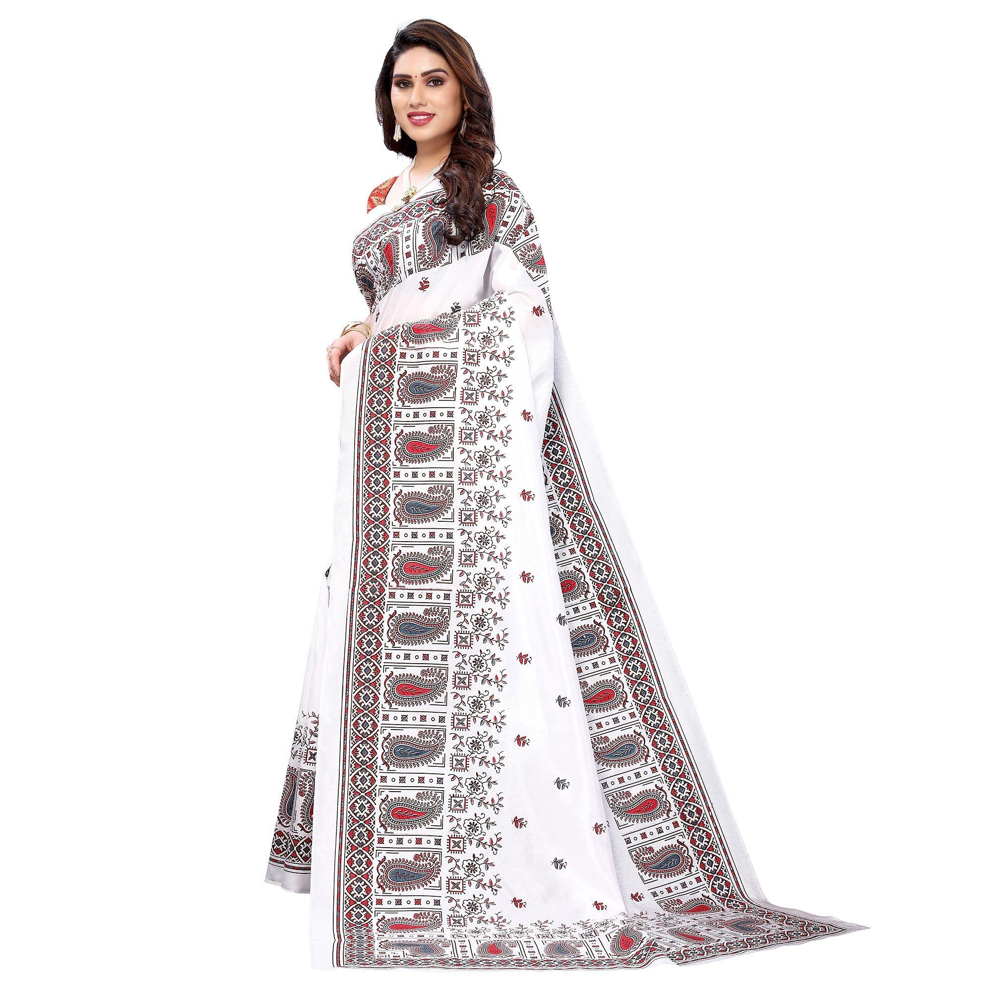 White Festive Wear Printed Cotton Silk Saree - Peachmode
