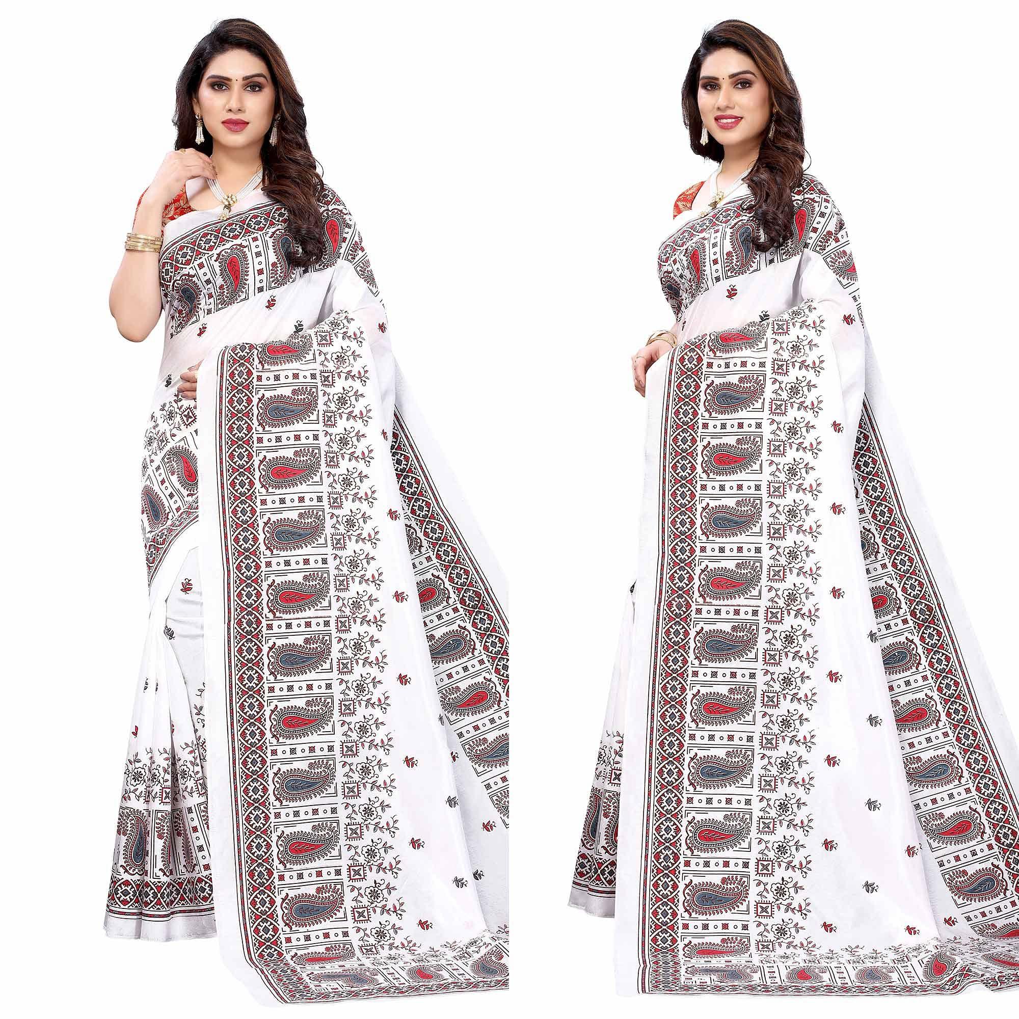 White Festive Wear Printed Cotton Silk Saree - Peachmode