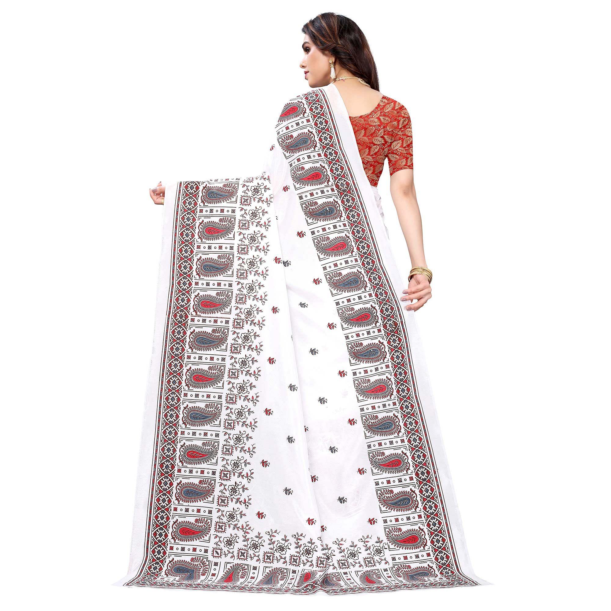White Festive Wear Printed Cotton Silk Saree - Peachmode