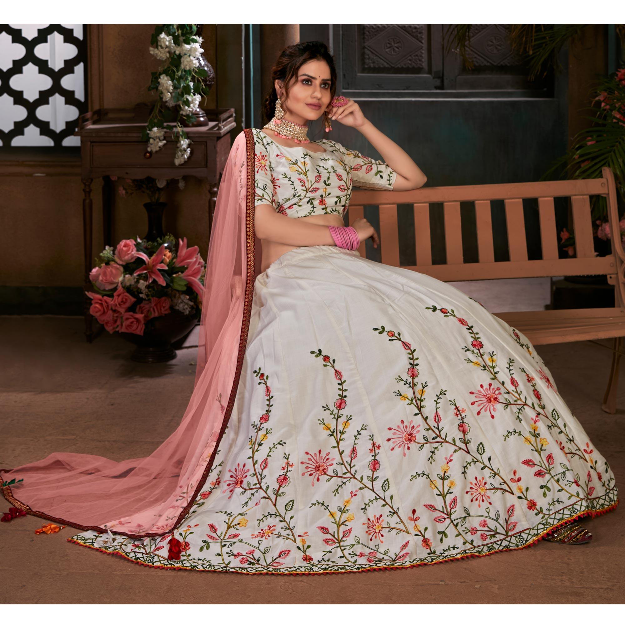 White Festive Wear Thread Floral Embroidered Cotton Lehenga Choli - Peachmode