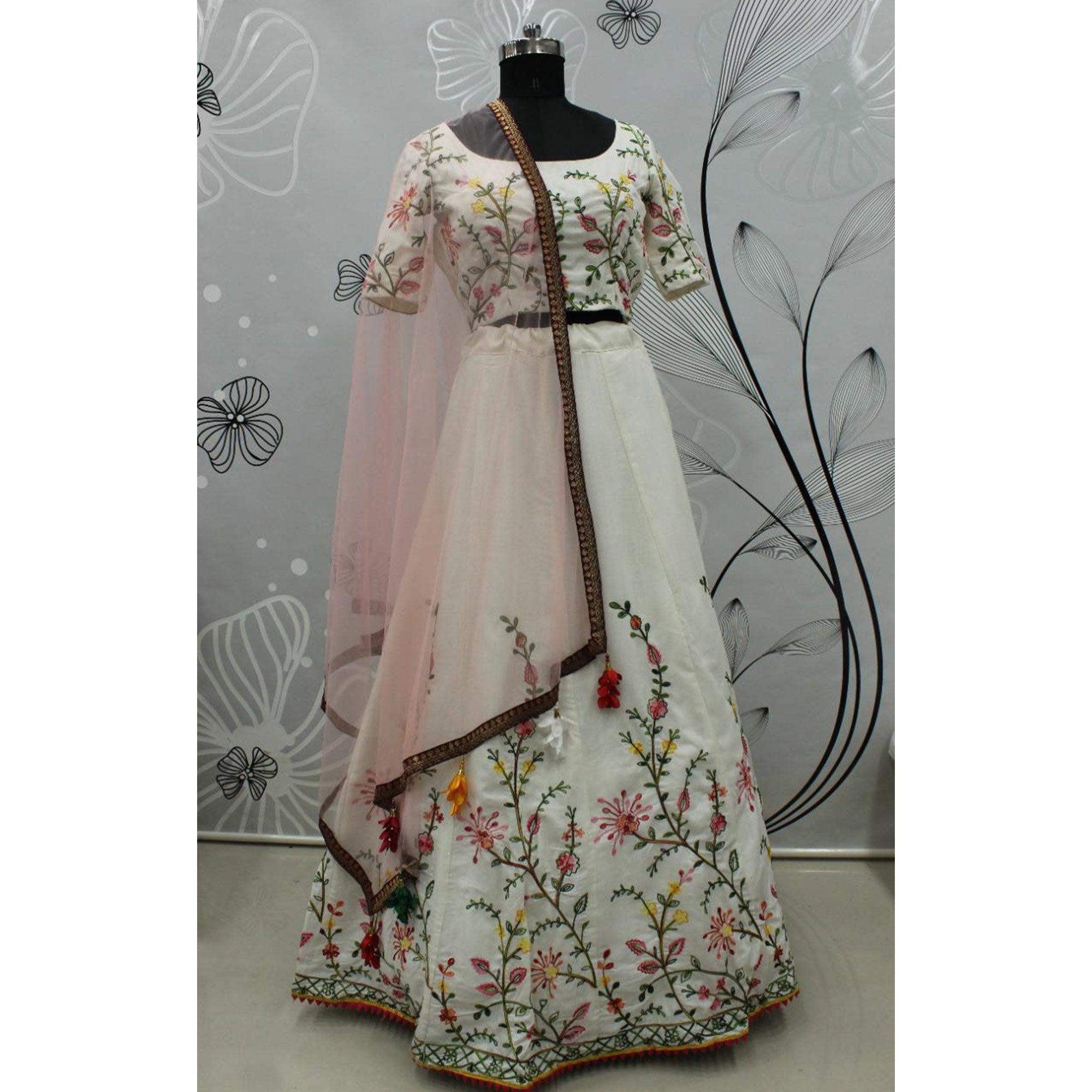 White Festive Wear Thread Floral Embroidered Cotton Lehenga Choli - Peachmode