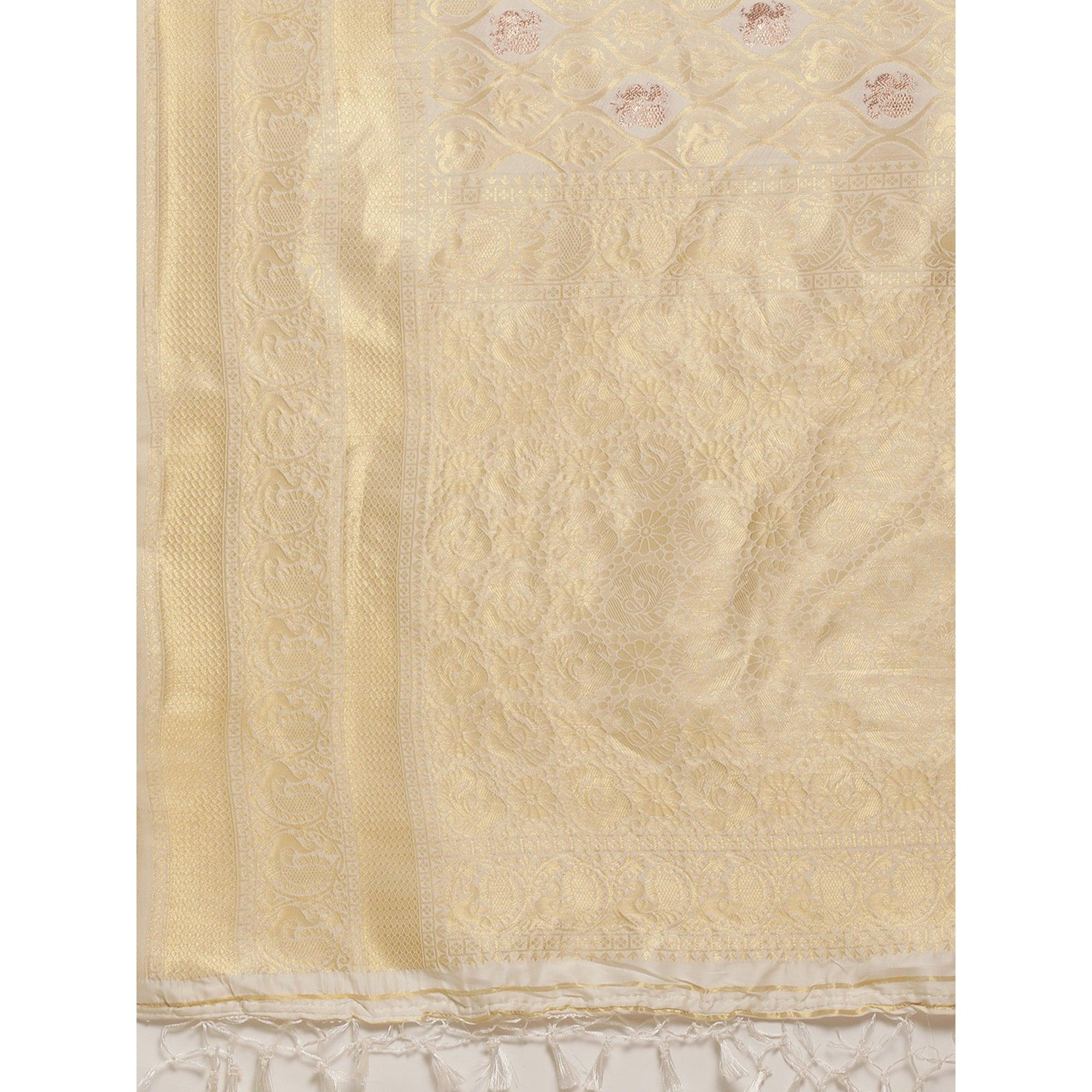 White Festive Wear Weaving Kanjivaram Silk Saree - Peachmode