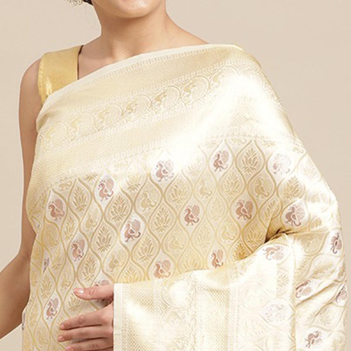 White Festive Wear Weaving Kanjivaram Silk Saree - Peachmode