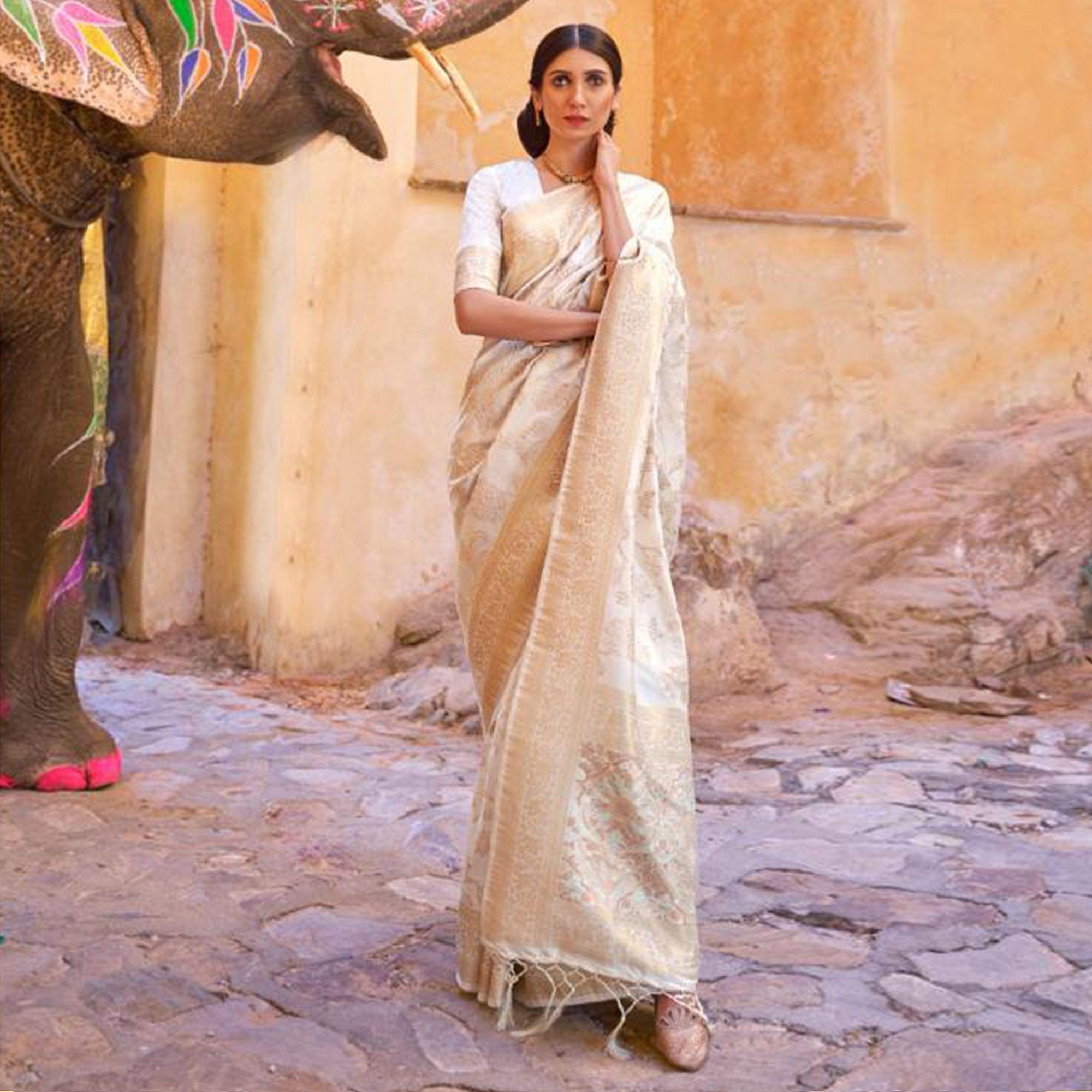 White Festive Wear Woven Art Silk Saree With Tassels - Peachmode