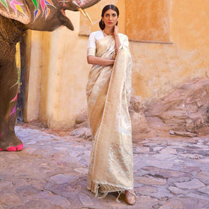 White Festive Wear Woven Art Silk Saree With Tassels - Peachmode