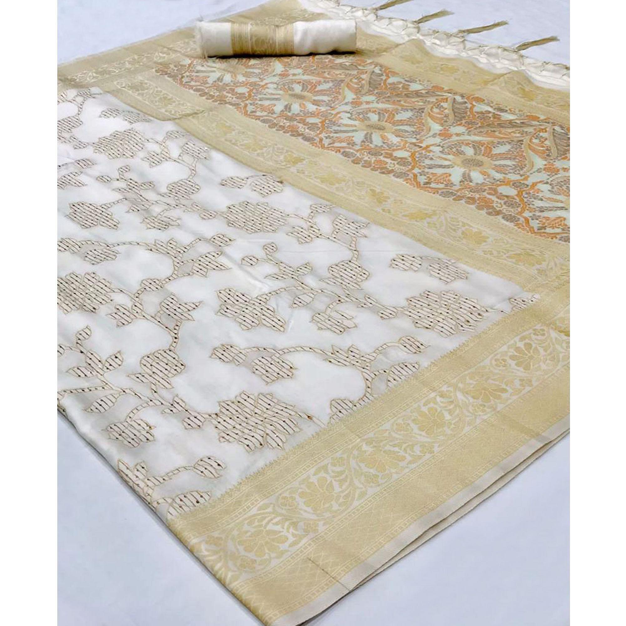 White Festive Wear Woven Art Silk Saree With Tassels - Peachmode