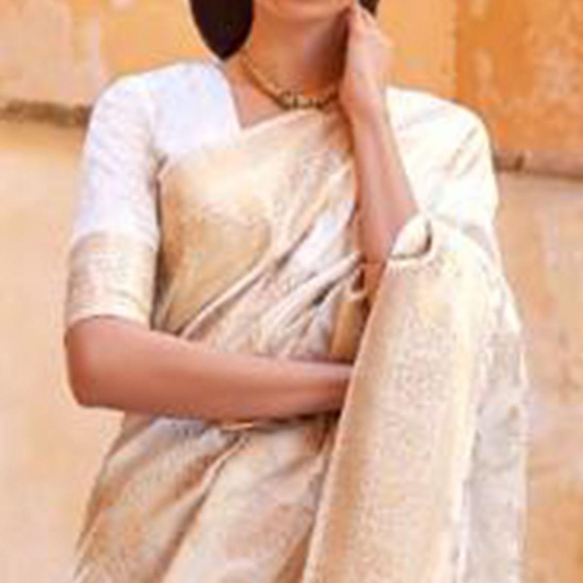 White Festive Wear Woven Art Silk Saree With Tassels - Peachmode