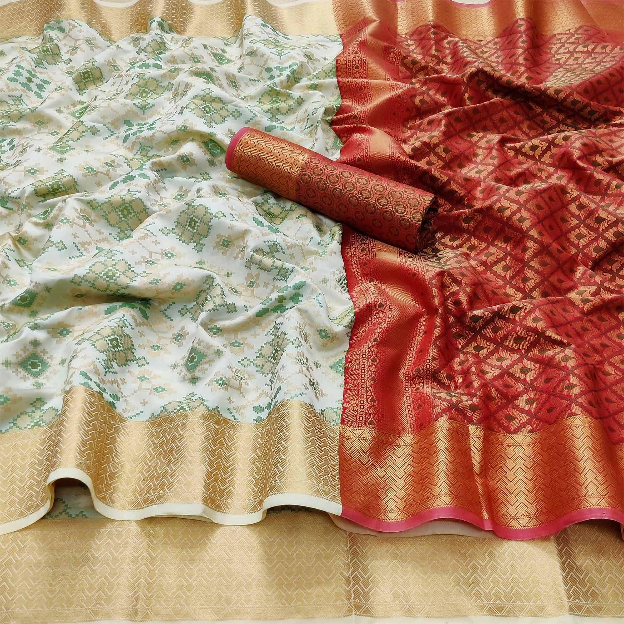 White Festive Wear Woven Heavy Silk Saree With Patola Rich Pallu - Peachmode