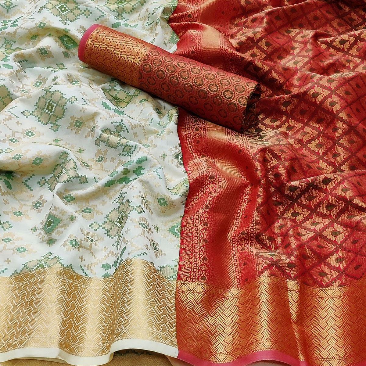 White Festive Wear Woven Heavy Silk Saree With Patola Rich Pallu - Peachmode