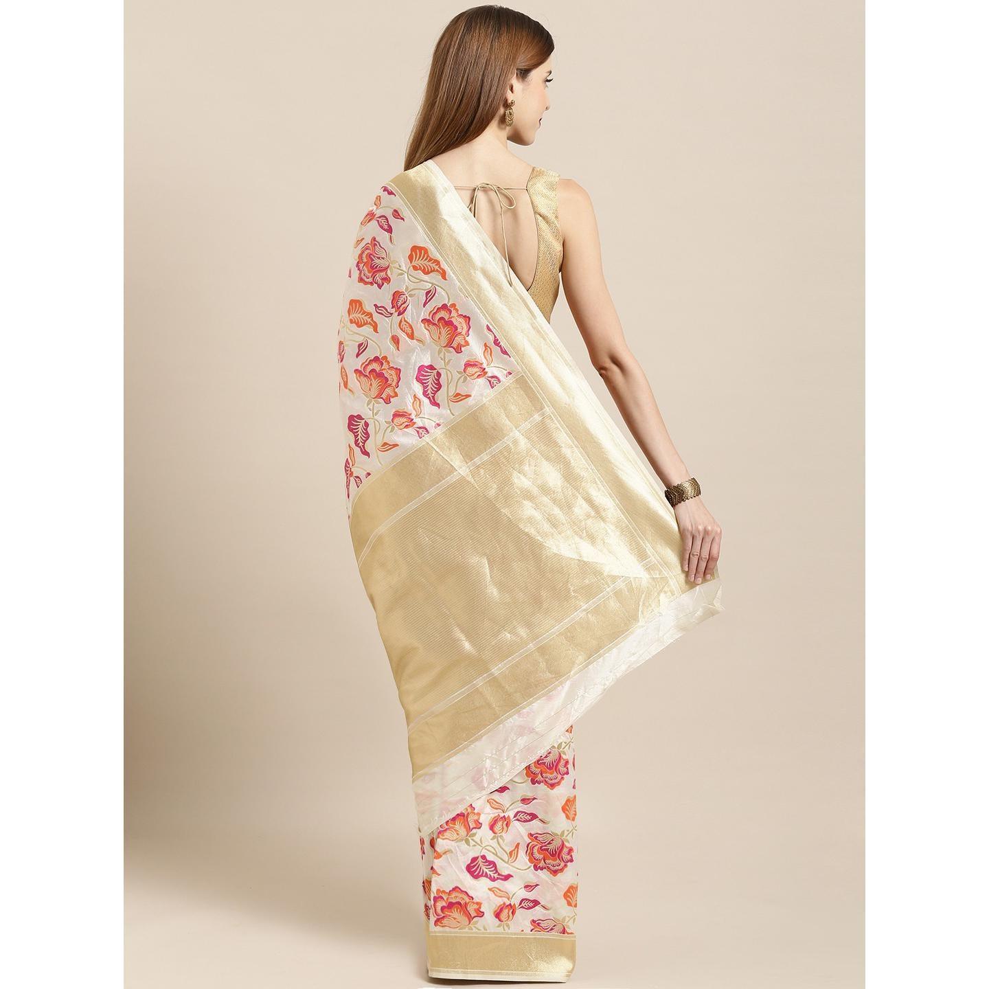 White Festive Wear Woven Kanjivaram Silk Saree - Peachmode