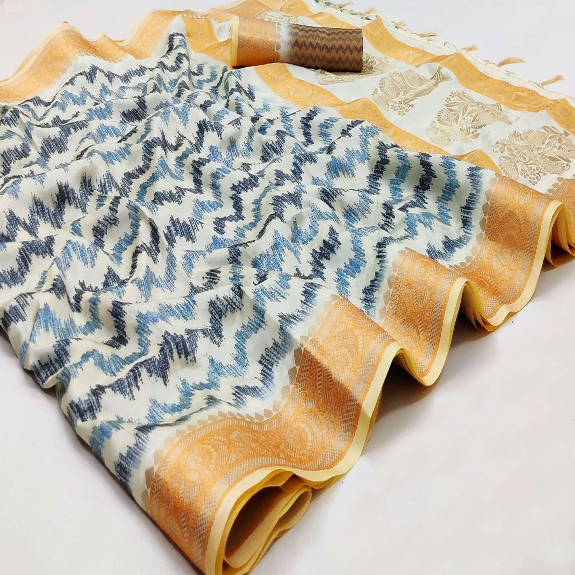 White Festive Wear Woven With Digital Printed Silk Saree - Peachmode