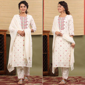 White Floral Embroidered Cotton Kurti Pant Set With Dupatta - Peachmode