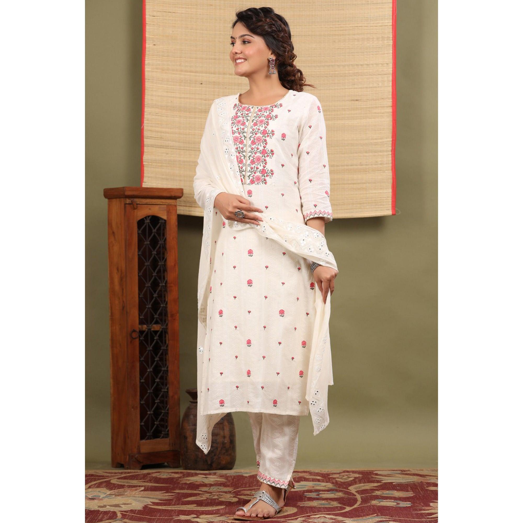 White Floral Embroidered Cotton Kurti Pant Set With Dupatta - Peachmode