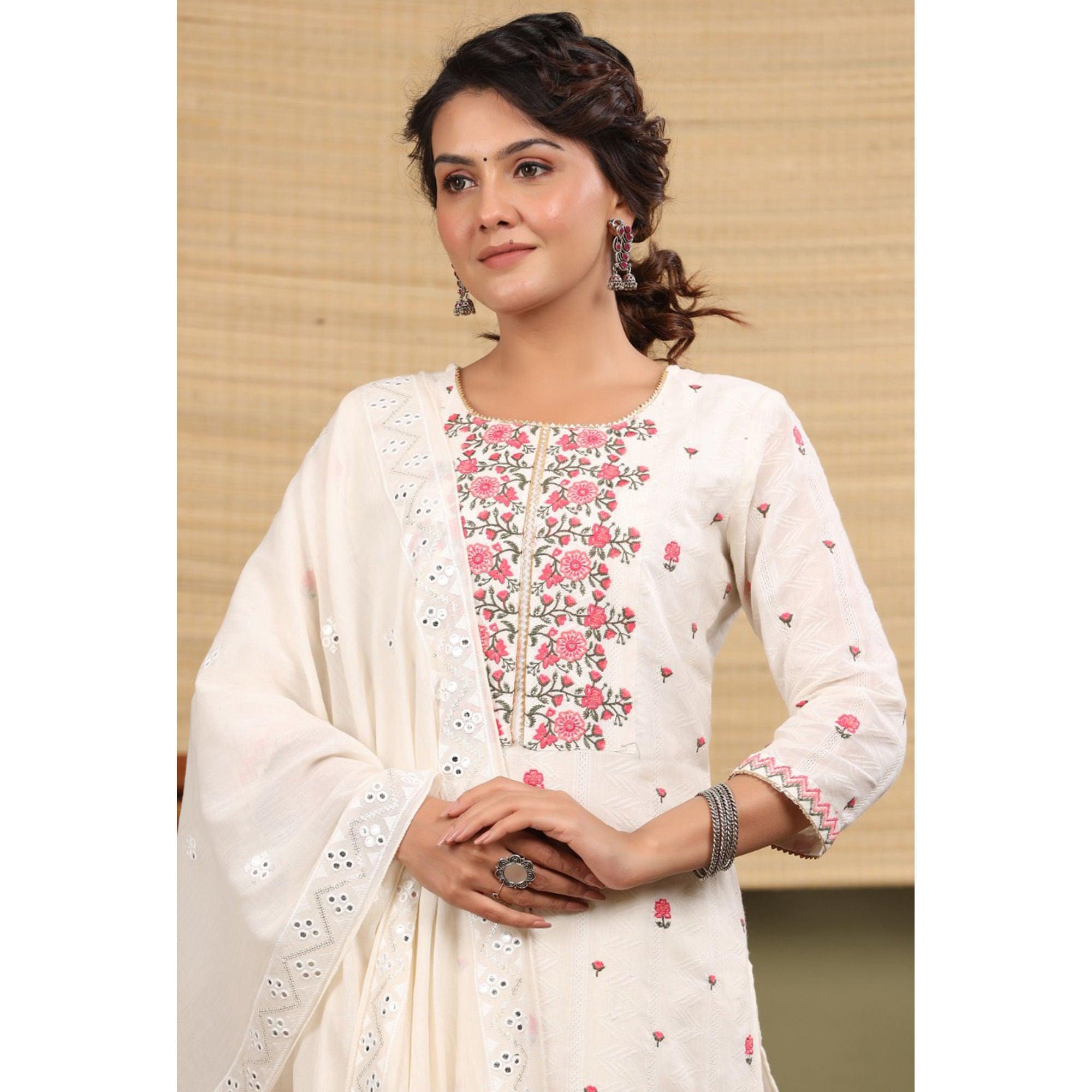 White Floral Embroidered Cotton Kurti Pant Set With Dupatta - Peachmode