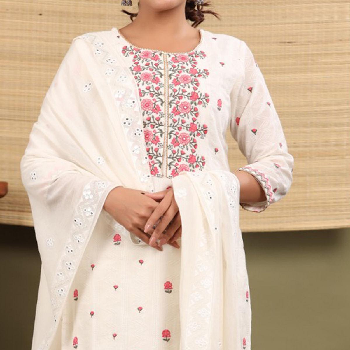 White Floral Embroidered Cotton Kurti Pant Set With Dupatta - Peachmode