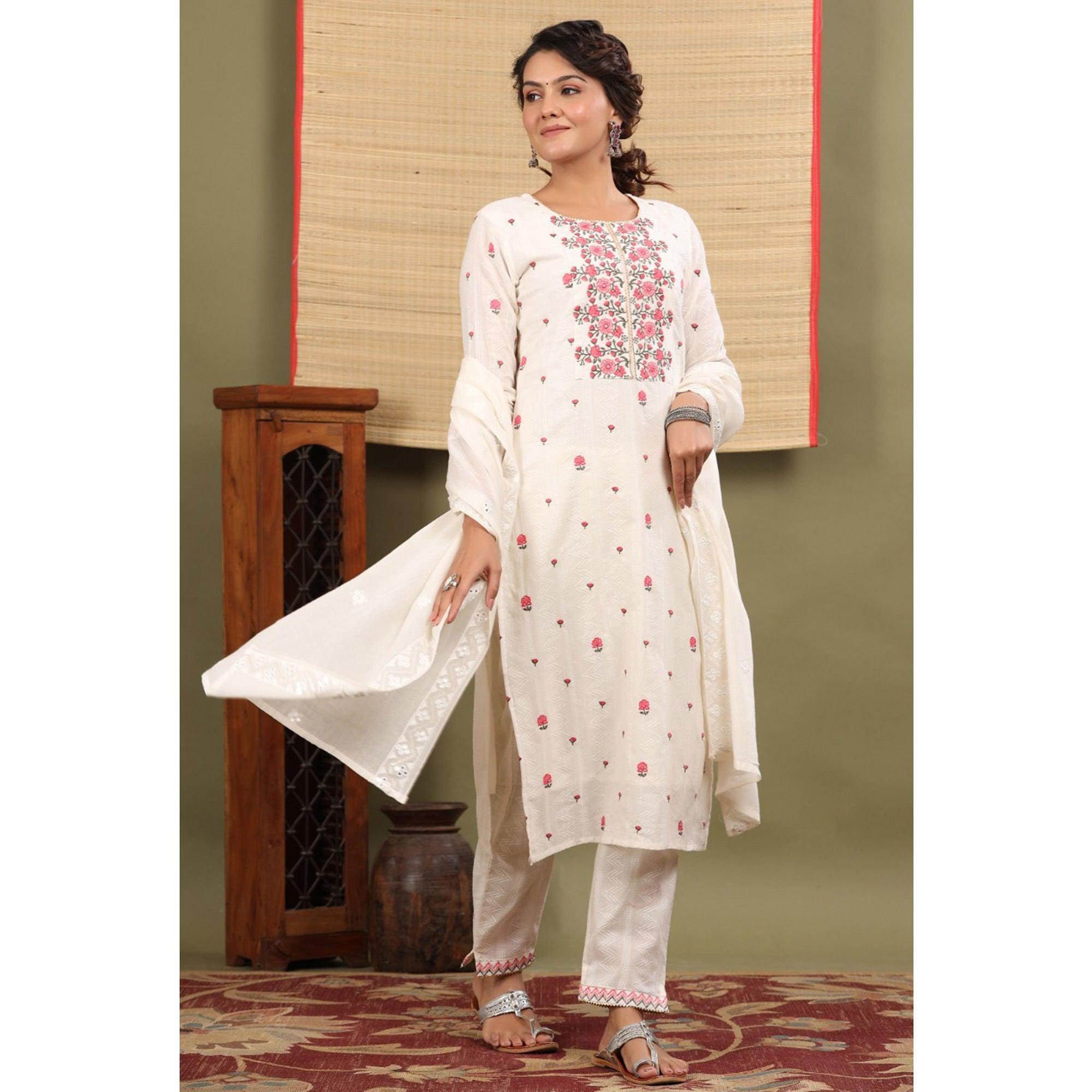 White Floral Embroidered Cotton Kurti Pant Set With Dupatta - Peachmode