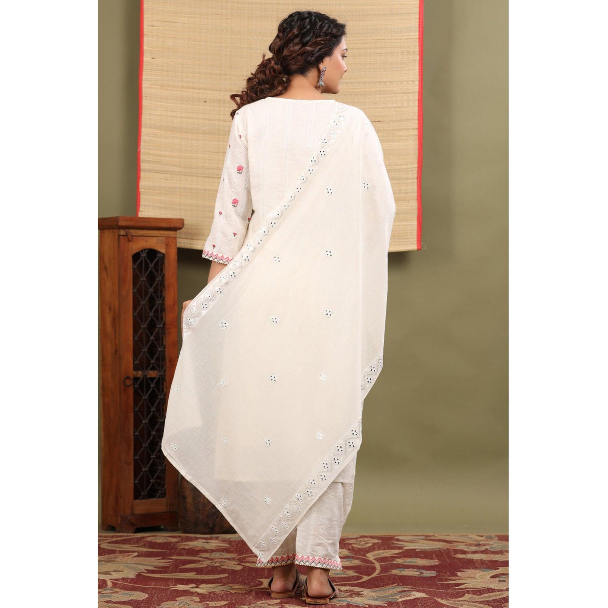White Floral Embroidered Cotton Kurti Pant Set With Dupatta - Peachmode