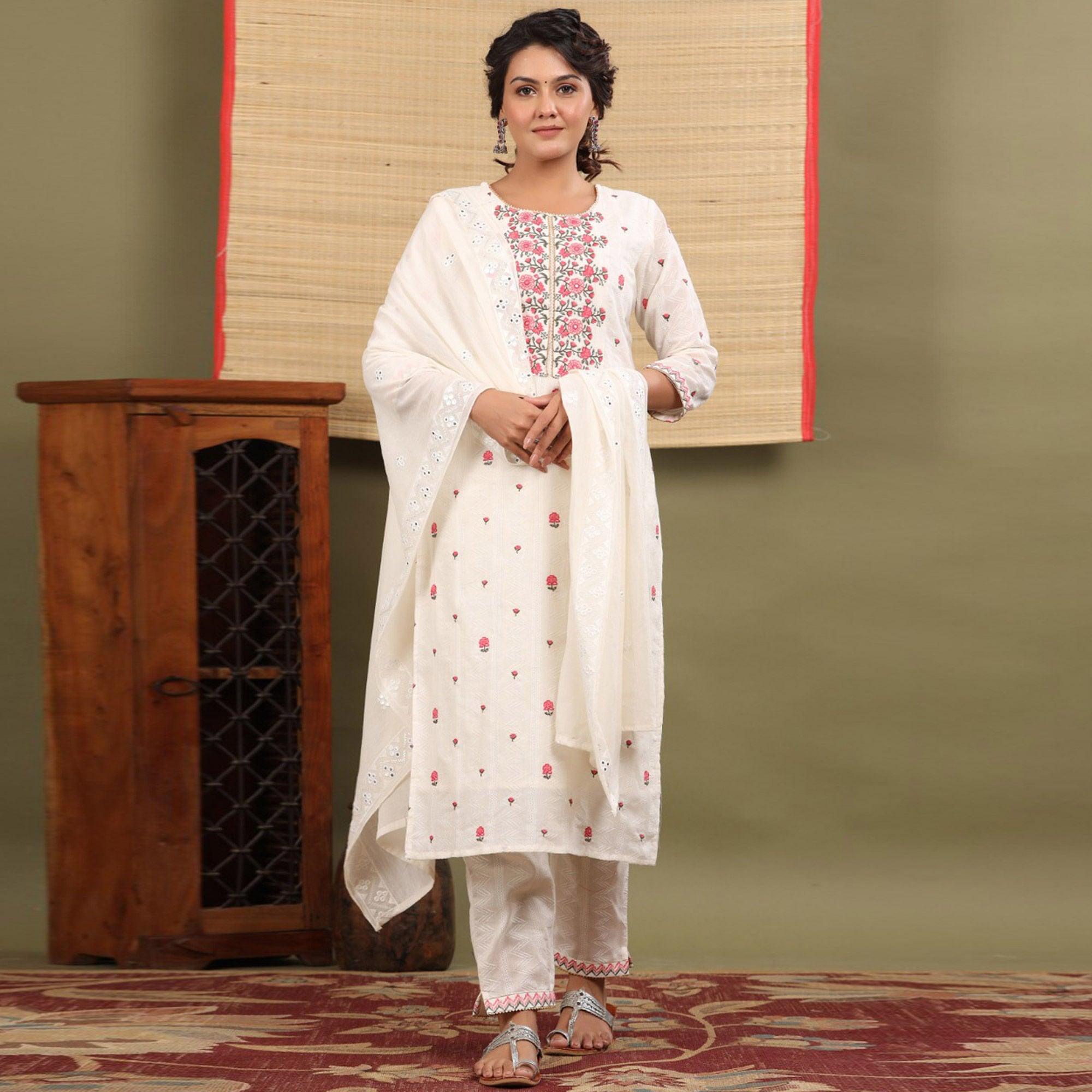 White Floral Embroidered Cotton Kurti Pant Set With Dupatta - Peachmode