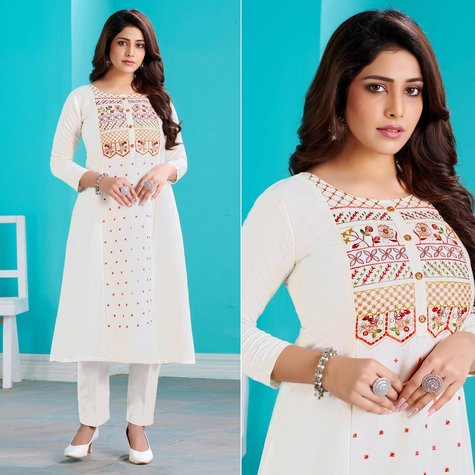 White Floral Embroidered Viscose Kurti - Peachmode