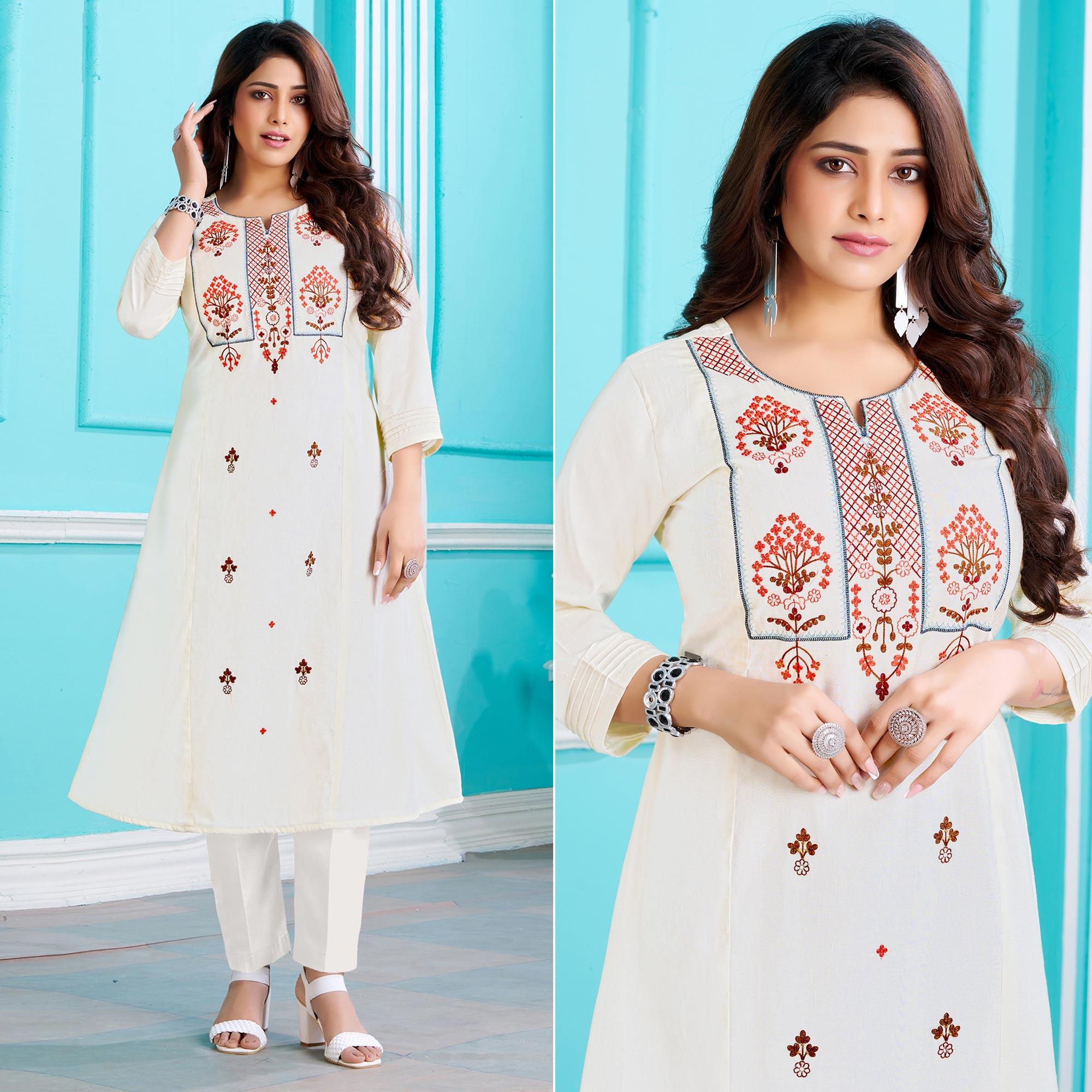 White Floral Embroidered Viscose Kurti - Peachmode