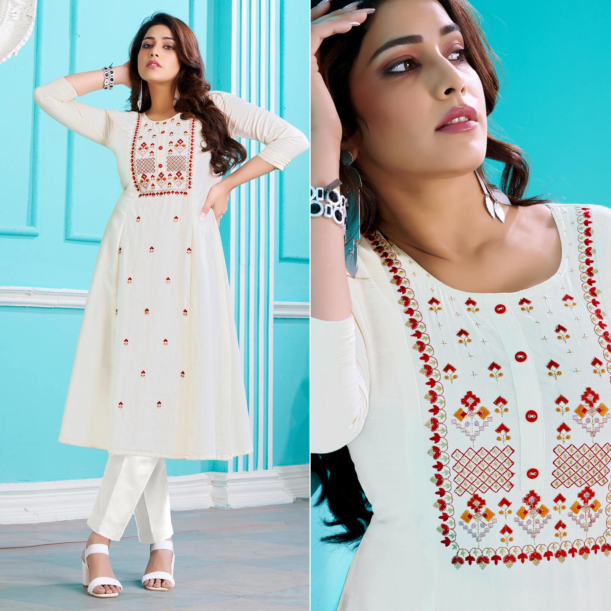 White Floral Embroidered Viscose Kurti - Peachmode