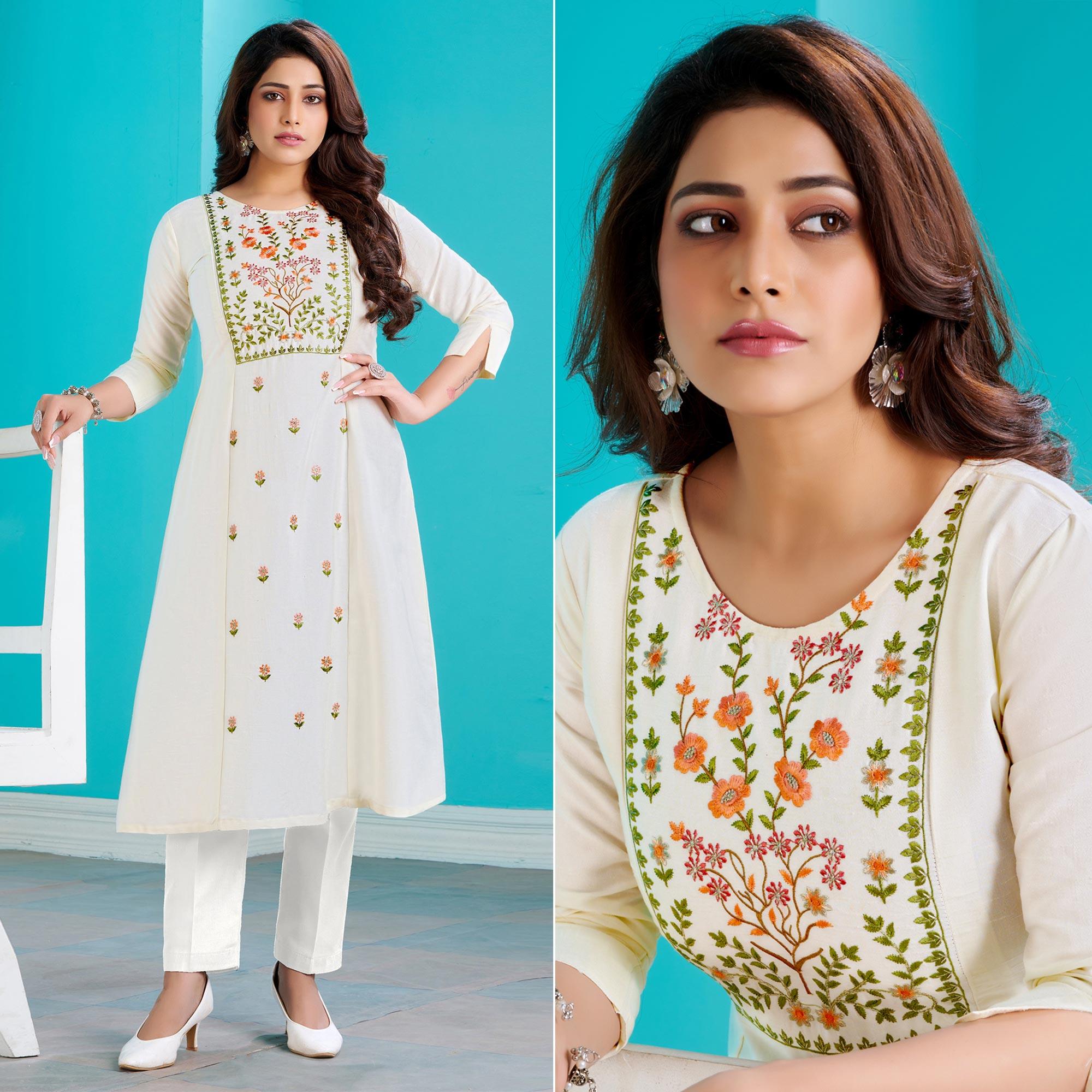 White Floral Embroidered Viscose Kurti - Peachmode