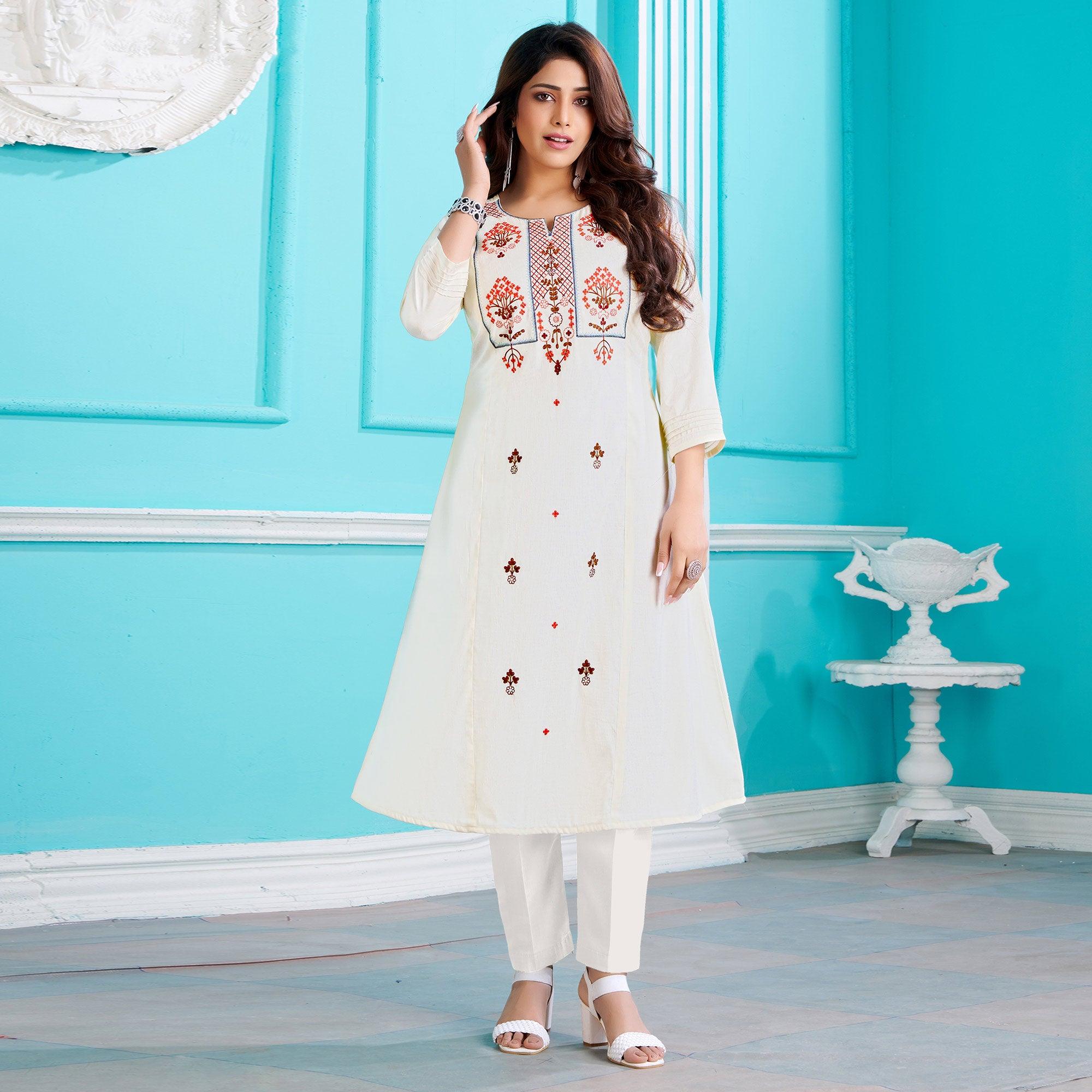 White Floral Embroidered Viscose Kurti - Peachmode