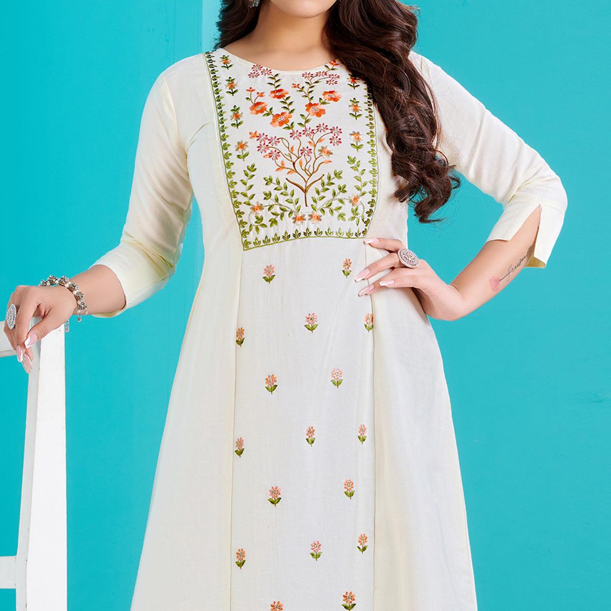White Floral Embroidered Viscose Kurti - Peachmode