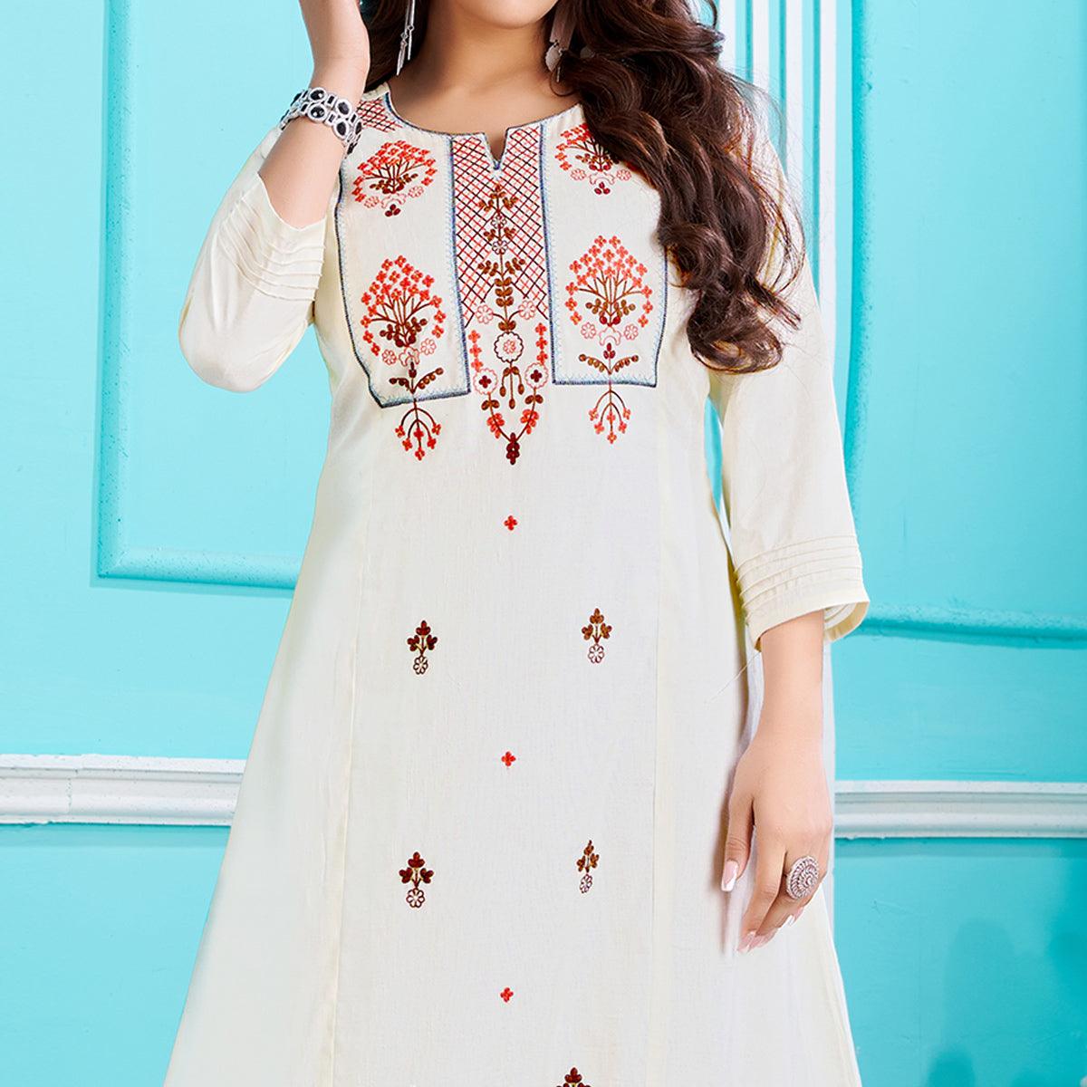 White Floral Embroidered Viscose Kurti - Peachmode
