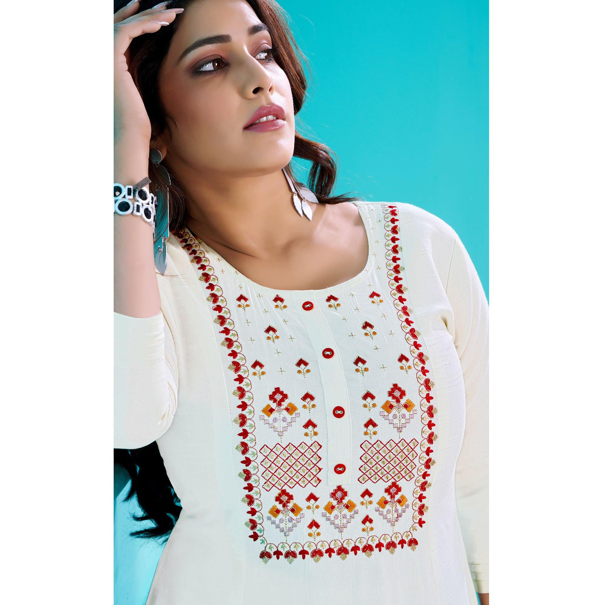 White Floral Embroidered Viscose Kurti - Peachmode
