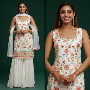 White Floral Embroidered With Mirror Work Georgette Sharara Suit - Peachmode